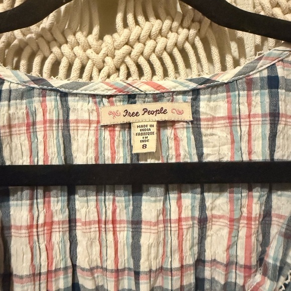 Free People Rouched Blouse Size 8 | Multicolor Plaid Ivory Blue Pink Vintage - Picture 2 of 2